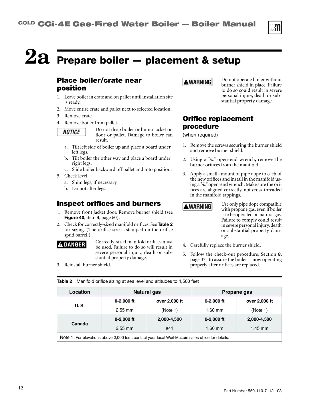 Weil-McLain CGI-4E 2a Prepare boiler placement & setup, Place boiler/crate near position, Inspect orifices and burners 