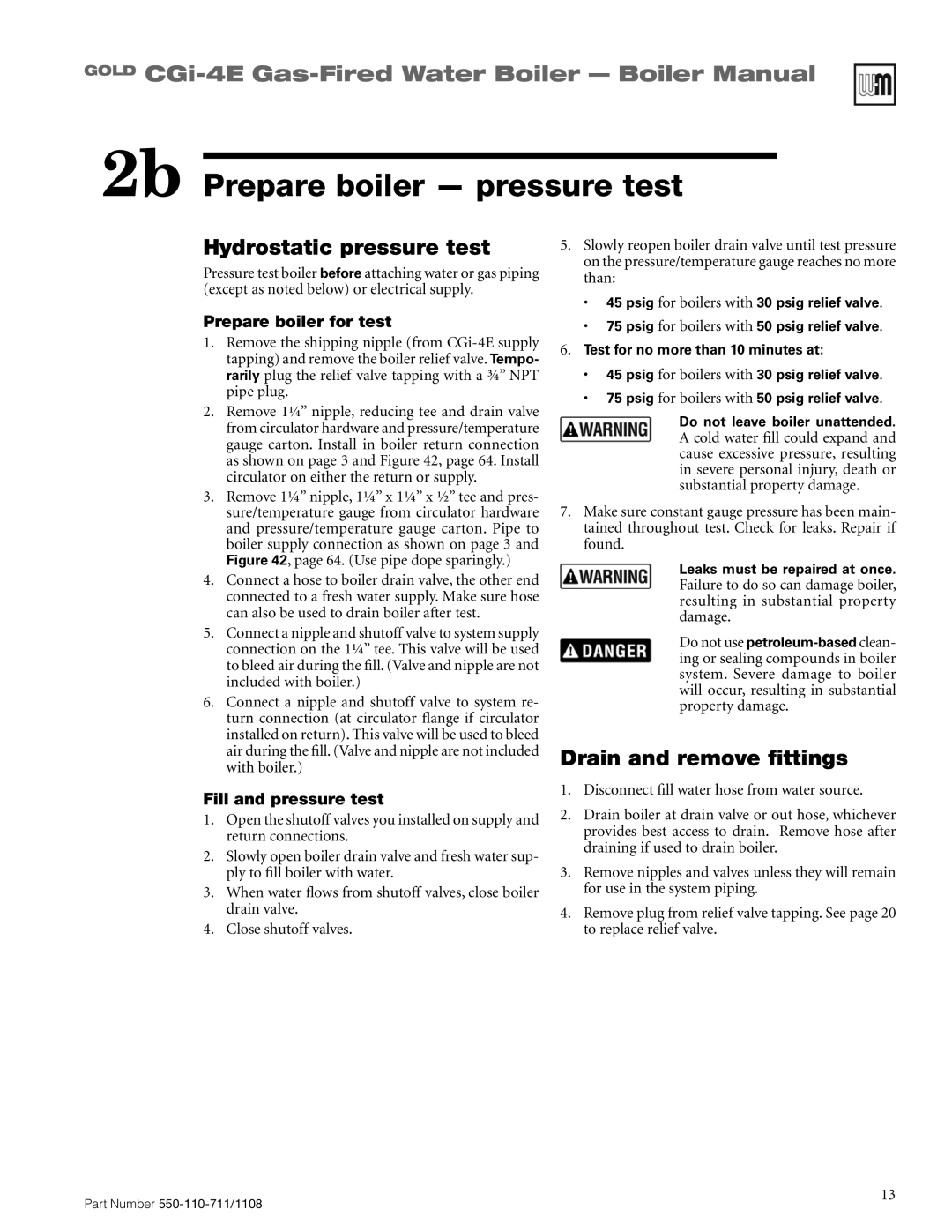 Weil-McLain CGI-4E manual 2b Prepare boiler pressure test, Hydrostatic pressure test, Drain and remove fittings 