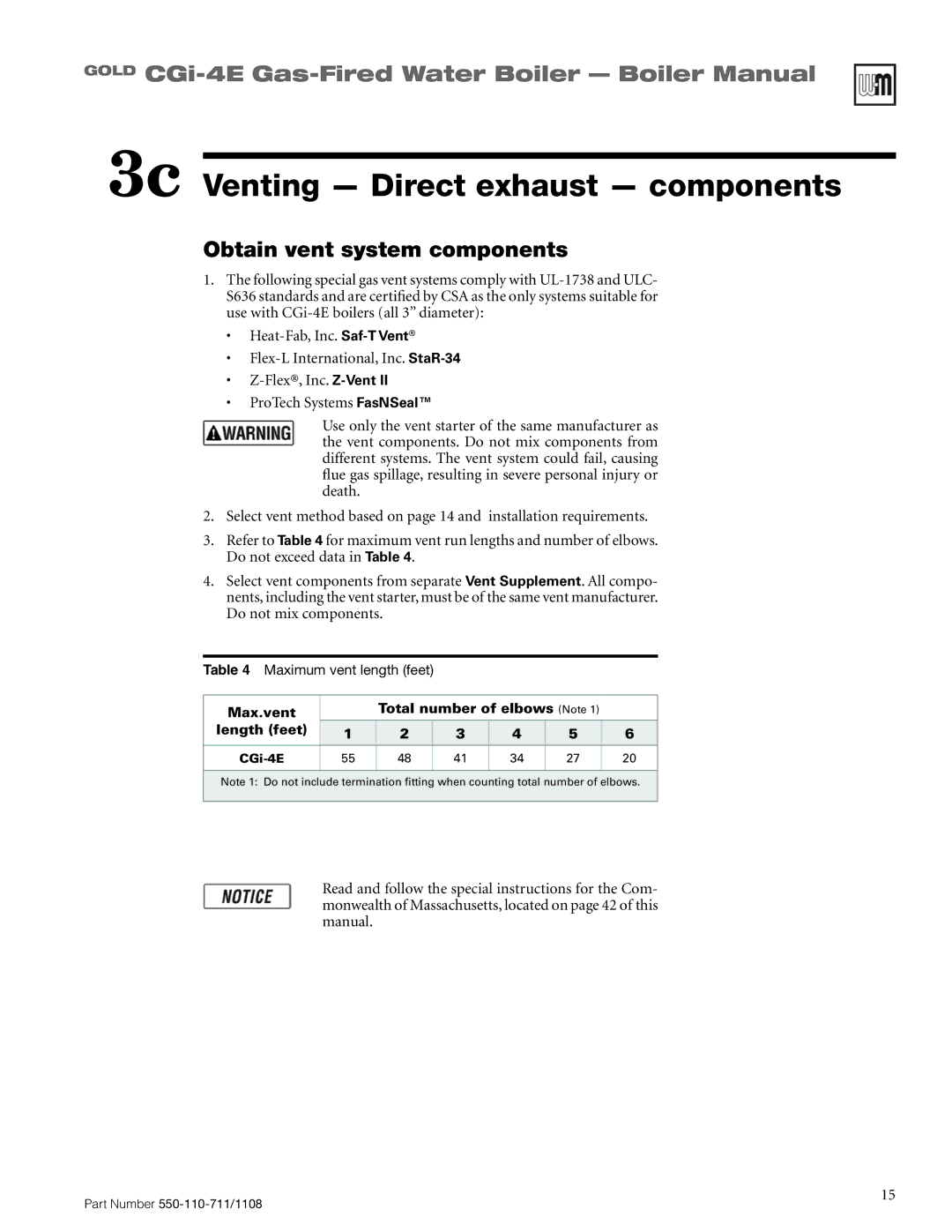 Weil-McLain CGI-4E manual 3c Venting Direct exhaust components, Obtain vent system components, Do not exceed data in Table 