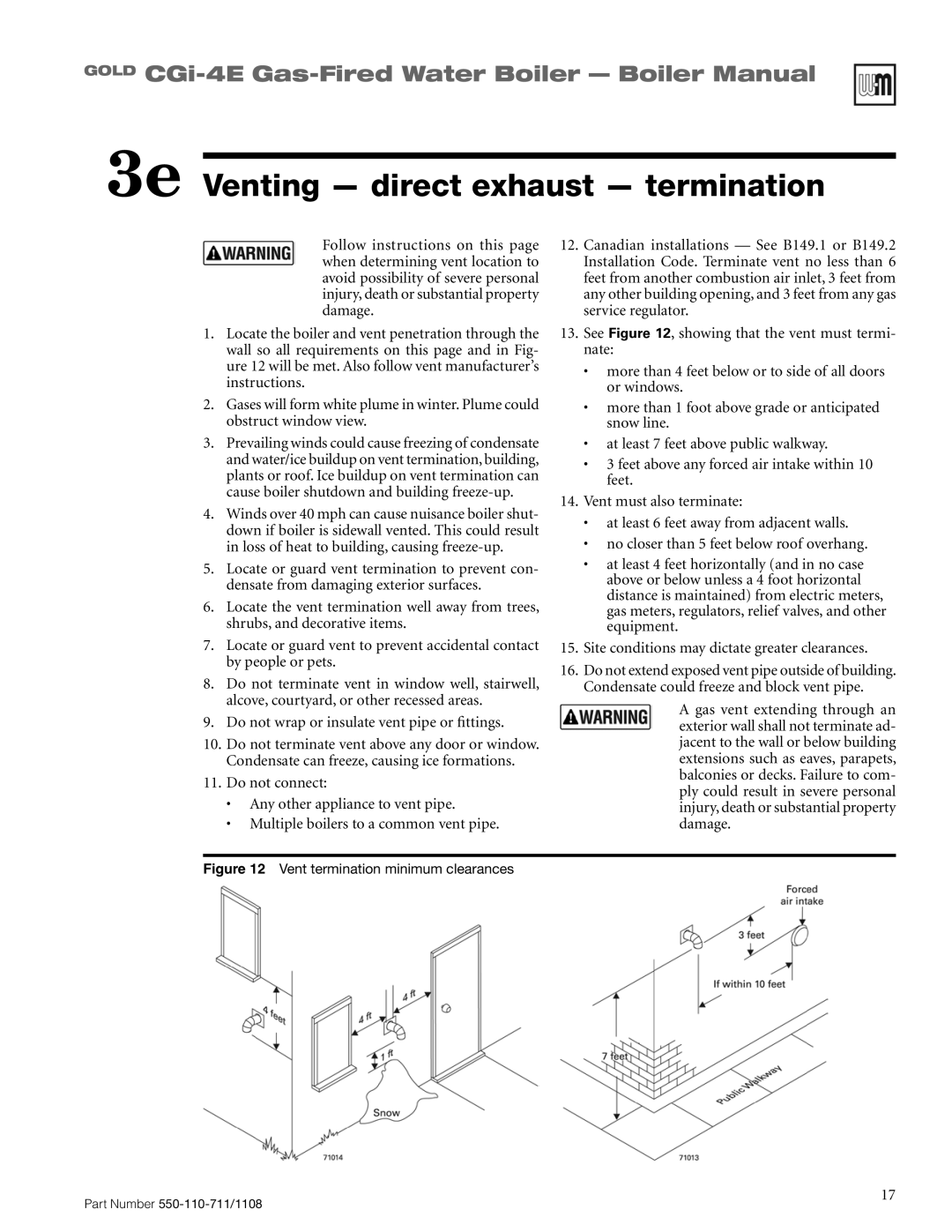 Weil-McLain CGI-4E manual 3e Venting direct exhaust termination, Do not wrap or insulate vent pipe or fittings 