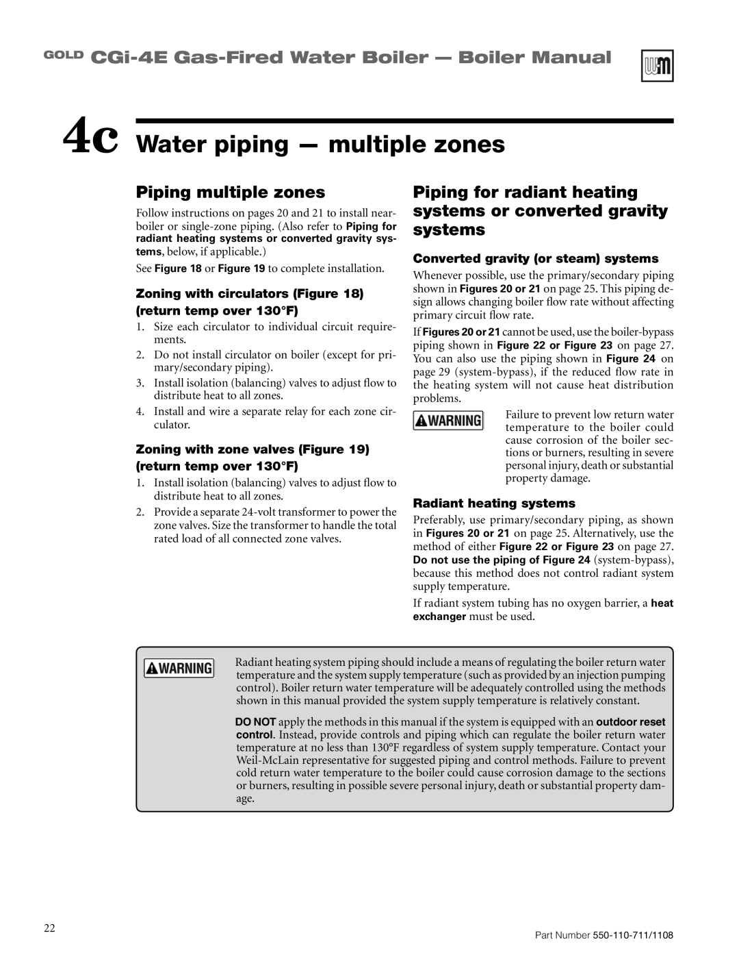 Weil-McLain CGI-4E manual 4c Water piping multiple zones, Piping multiple zones 