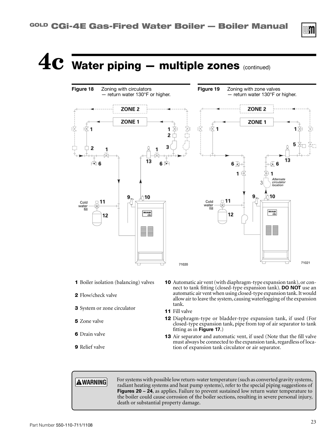 Weil-McLain CGI-4E manual Boiler isolation balancing valves, System or zone circulator Zone valve Drain valve 