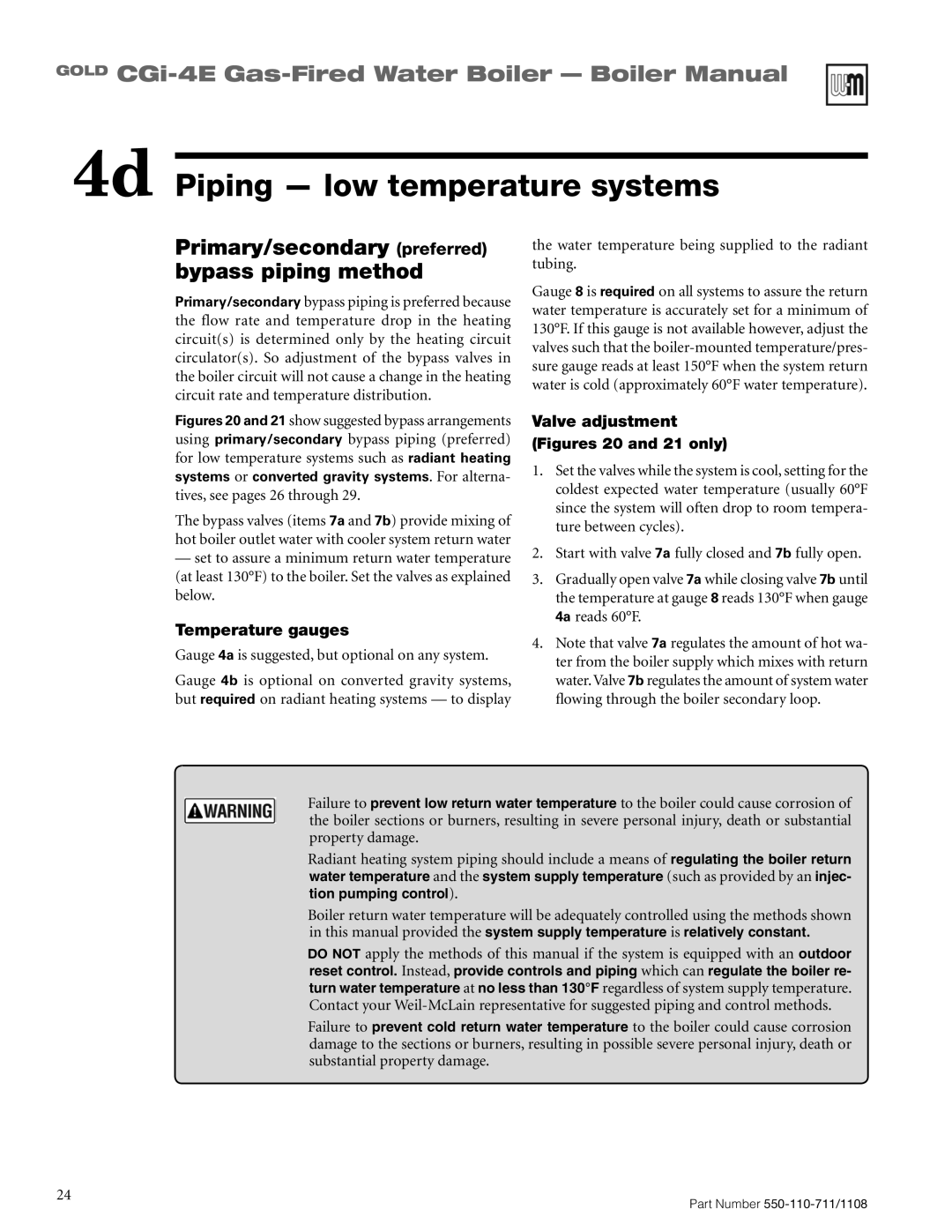 Weil-McLain CGI-4E 4d Piping low temperature systems, Primary/secondary preferred bypass piping method, Temperature gauges 