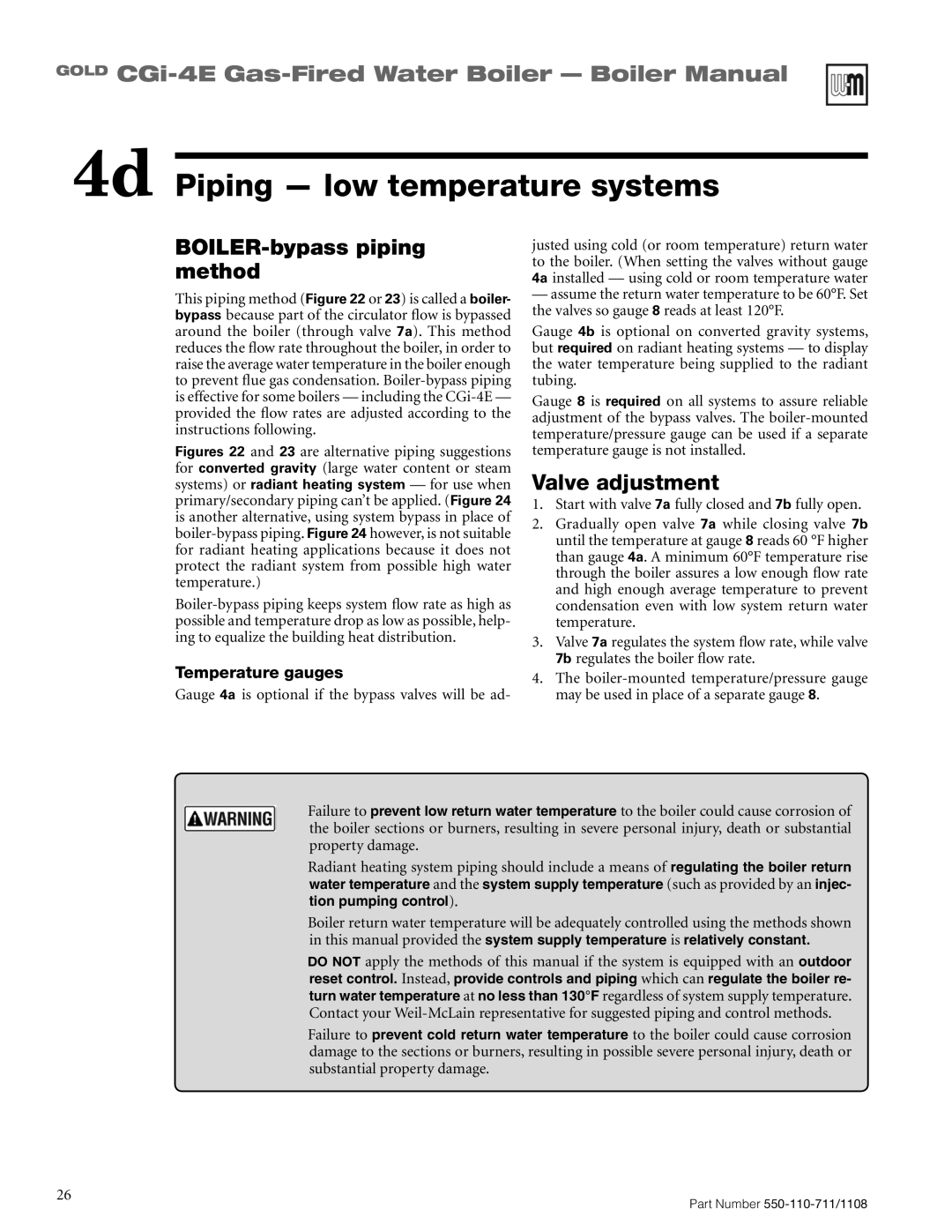 Weil-McLain CGI-4E manual BOILER-bypass piping method, Valve adjustment 