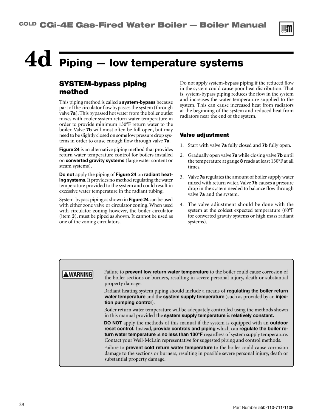 Weil-McLain CGI-4E manual SYSTEM-bypass piping method, Valve adjustment 