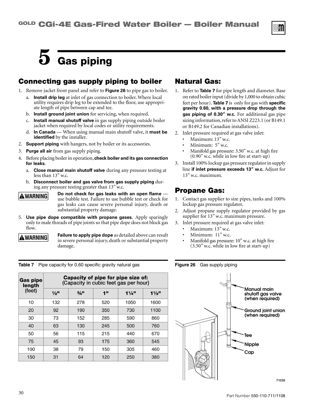 Weil-McLain CGI-4E manual Gas piping, Connecting gas supply piping to boiler, Natural Gas, Propane Gas 