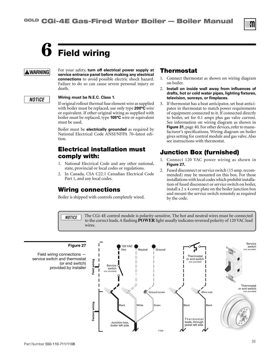 Weil-McLain CGI-4E manual Field wiring, Thermostat, Electrical installation must comply with, Wiring connections 