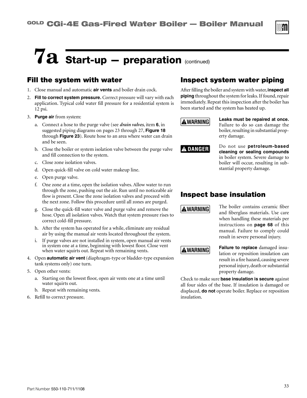 Weil-McLain CGI-4E manual Fill the system with water, Inspect system water piping, Inspect base insulation 