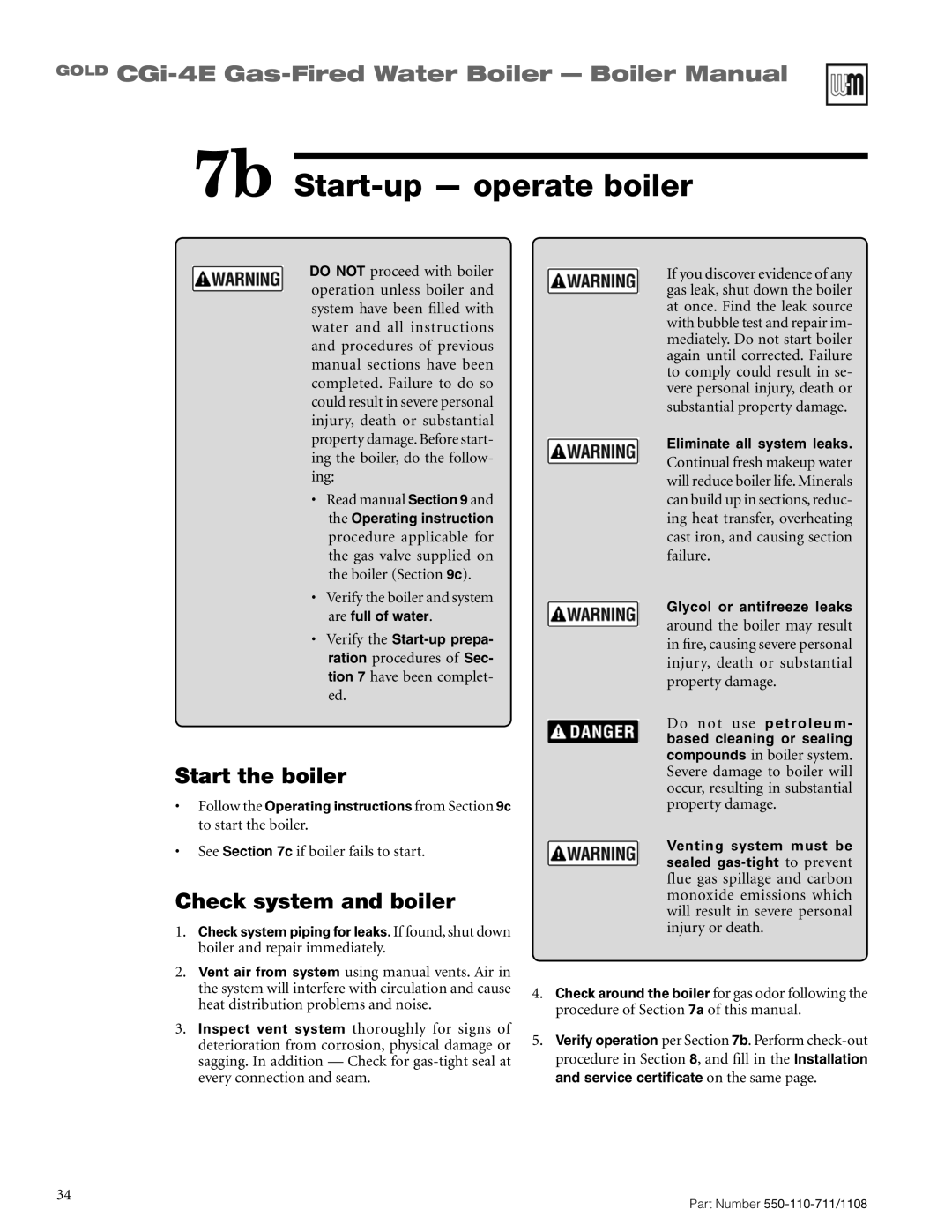 Weil-McLain CGI-4E manual 7b Start-up operate boiler, Start the boiler, Check system and boiler 