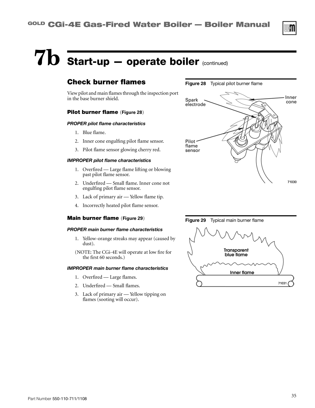 Weil-McLain CGI-4E manual Check burner flames, Pilot burner flame Figure, Main burner flame Figure 