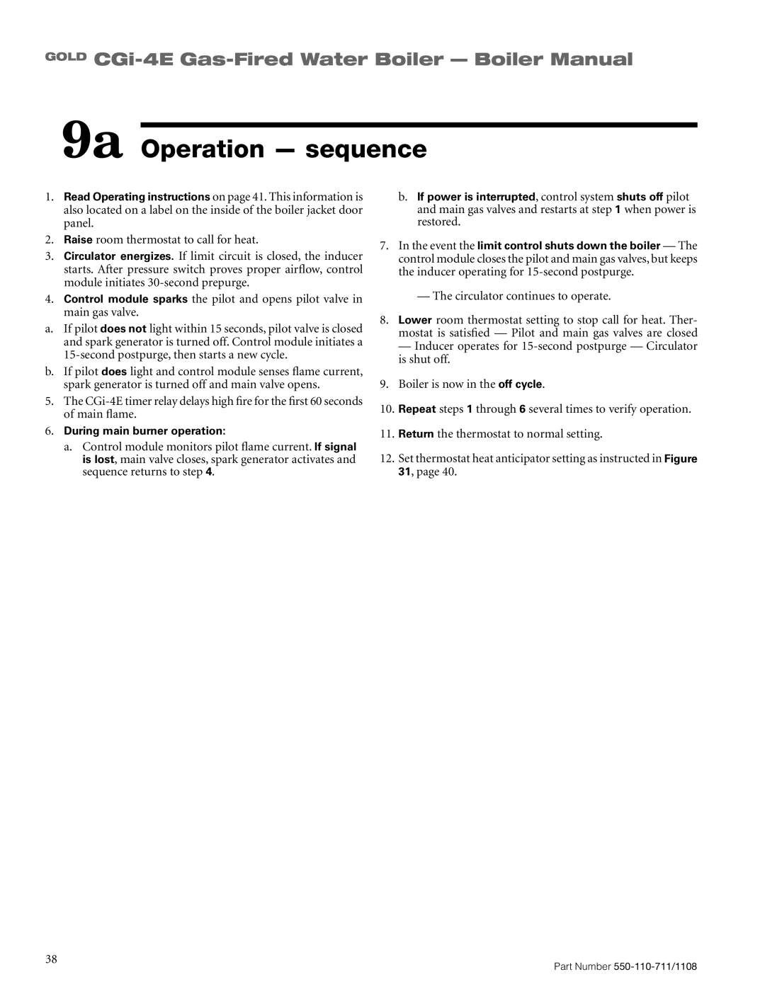 Weil-McLain CGI-4E manual 9a Operation sequence, Boiler is now in the off cycle 