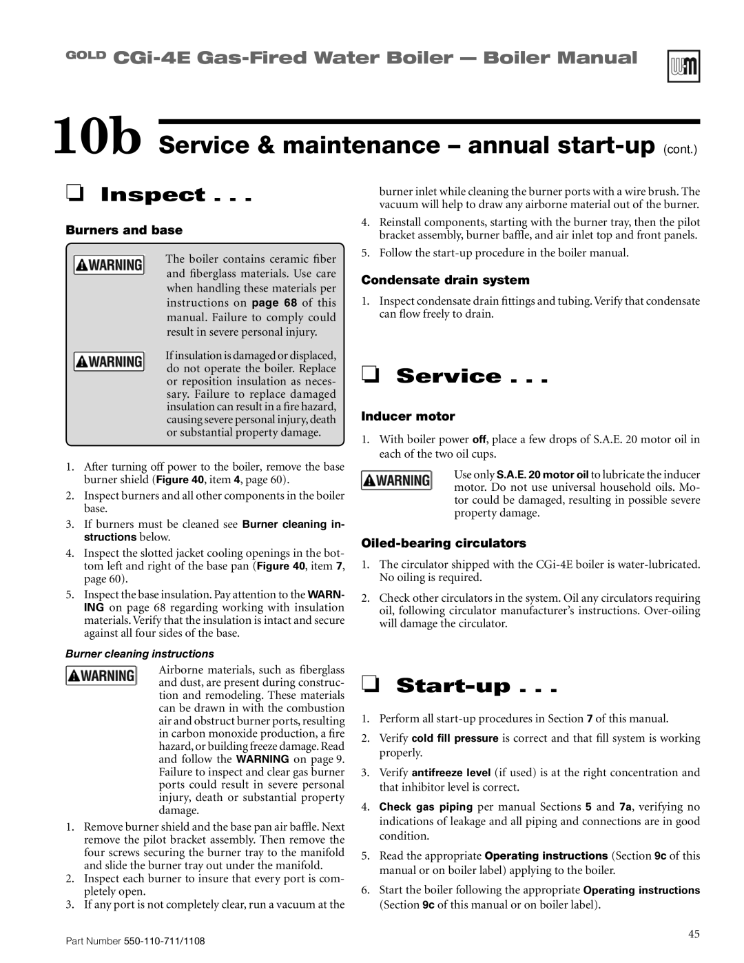 Weil-McLain CGI-4E 10b Service & maintenance annual start-up, Burners and base, Condensate drain system, Inducer motor 