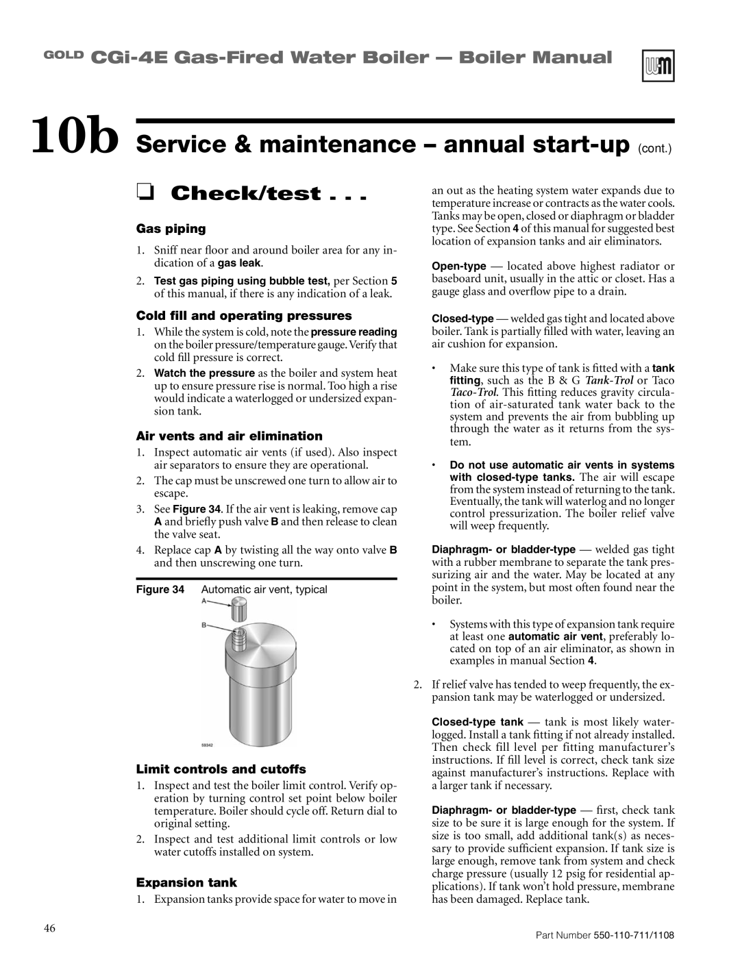 Weil-McLain CGI-4E manual Gas piping, Cold fill and operating pressures, Air vents and air elimination, Expansion tank 