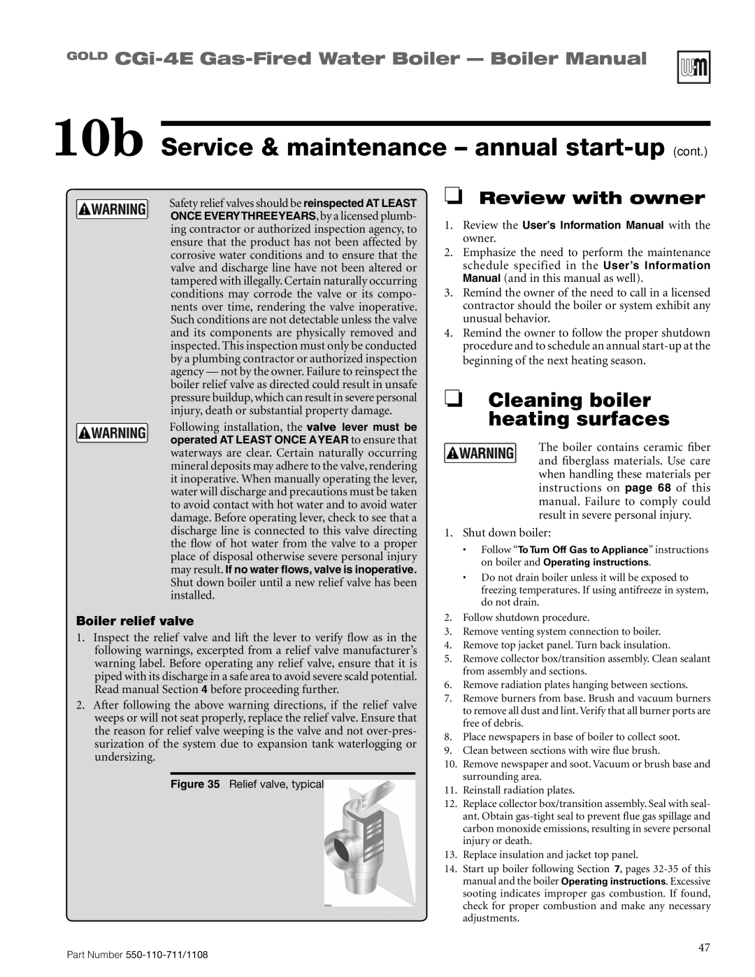 Weil-McLain CGI-4E manual Review with owner, Boiler relief valve, Safety relief valves should be reinspected AT Least 