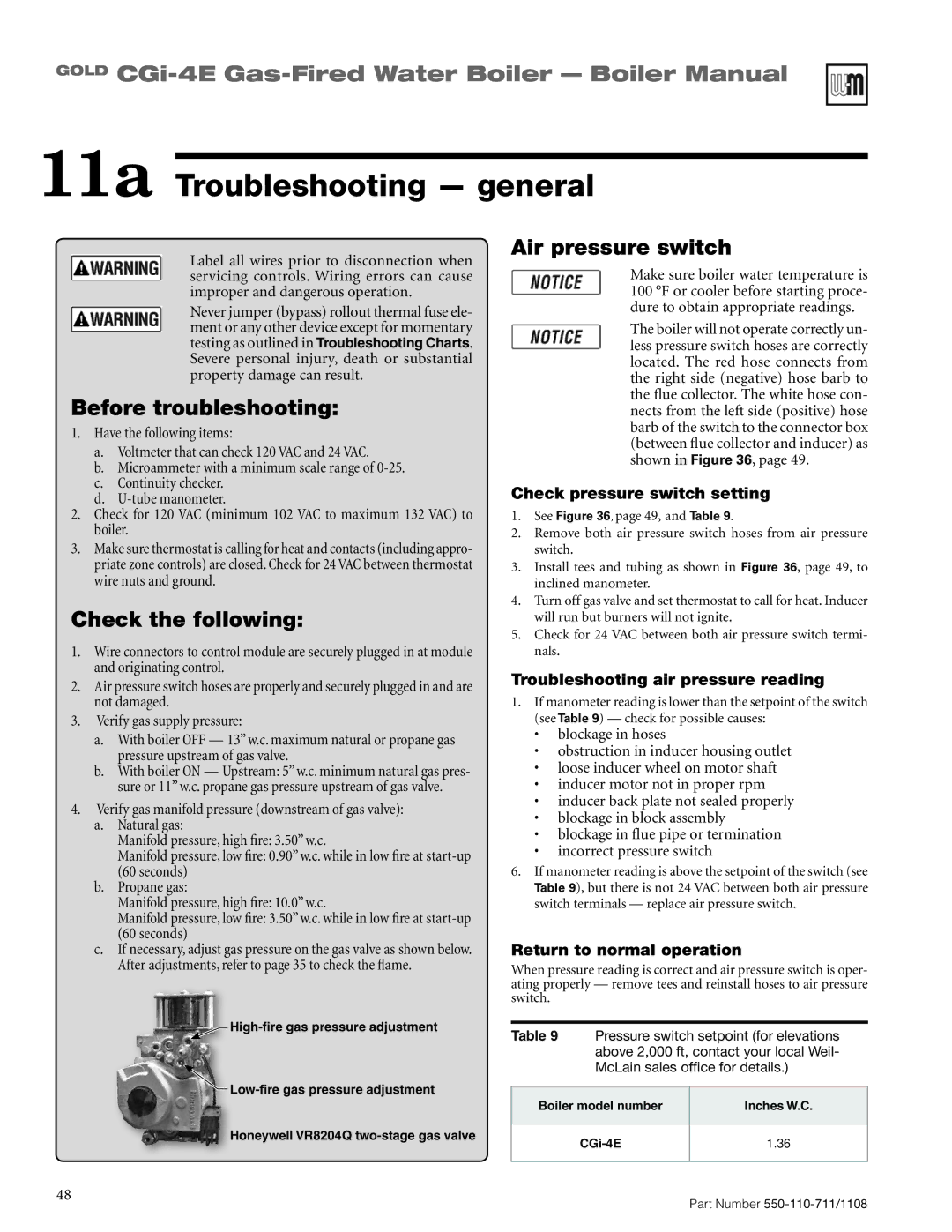 Weil-McLain CGI-4E manual 11a Troubleshooting general, Before troubleshooting, Check the following, Air pressure switch 