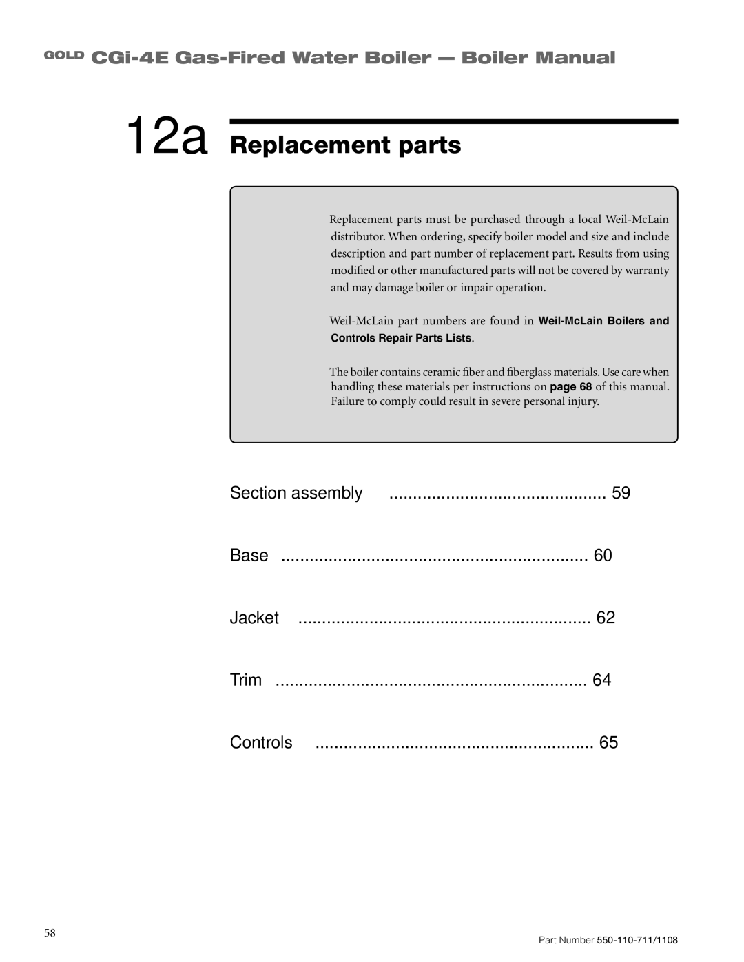 Weil-McLain CGI-4E manual 12a Replacement parts, Section assembly Base Jacket Trim Controls 