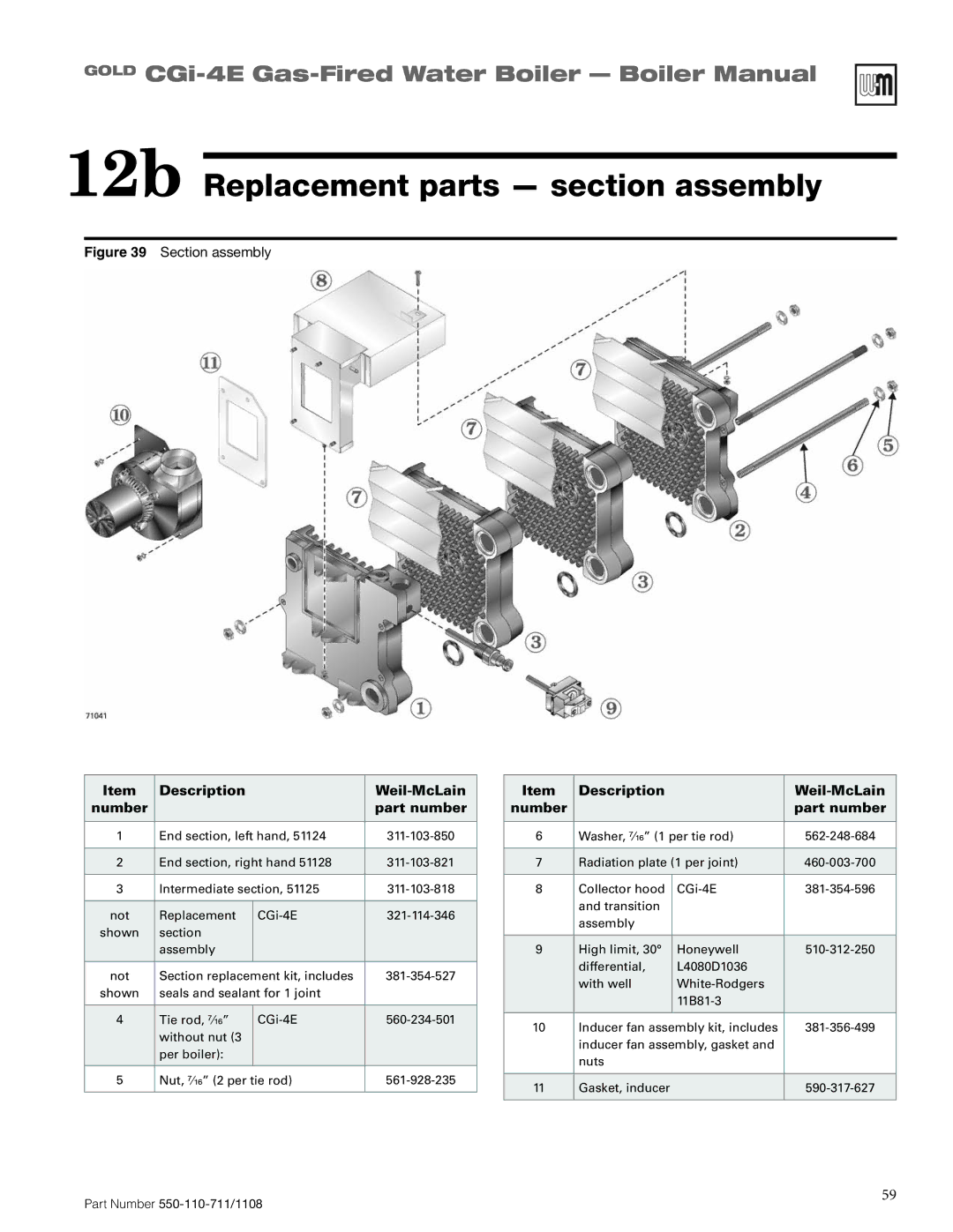 Weil-McLain CGI-4E manual 12b Replacement parts section assembly, Description Weil-McLain Number Part number 