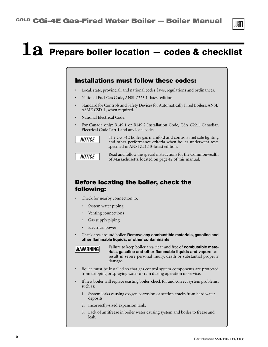 Weil-McLain CGI-4E manual 1a Prepare boiler location codes & checklist, Installations must follow these codes 