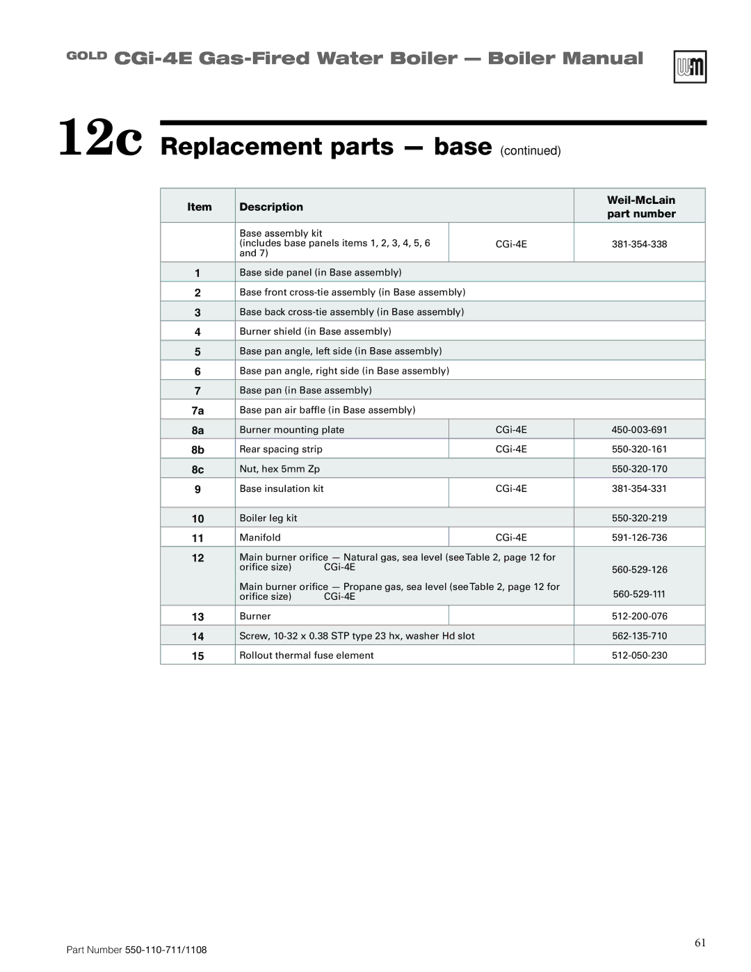 Weil-McLain CGI-4E manual Description Weil-McLain Part number 