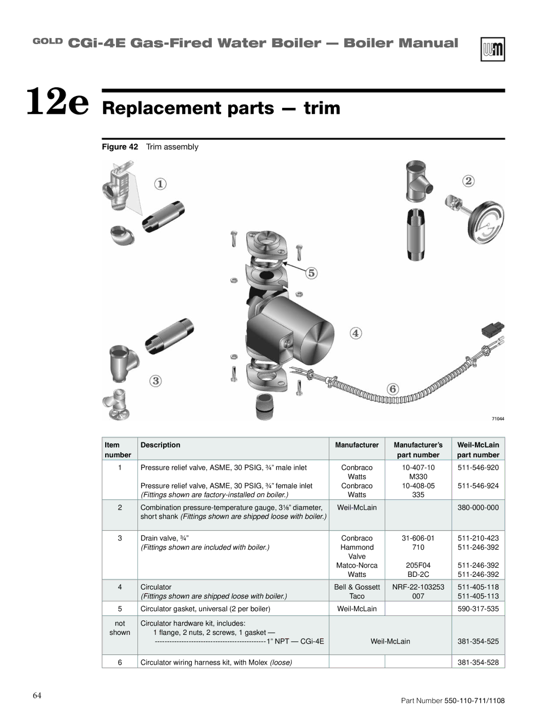 Weil-McLain CGI-4E manual 12e Replacement parts trim, Part number 