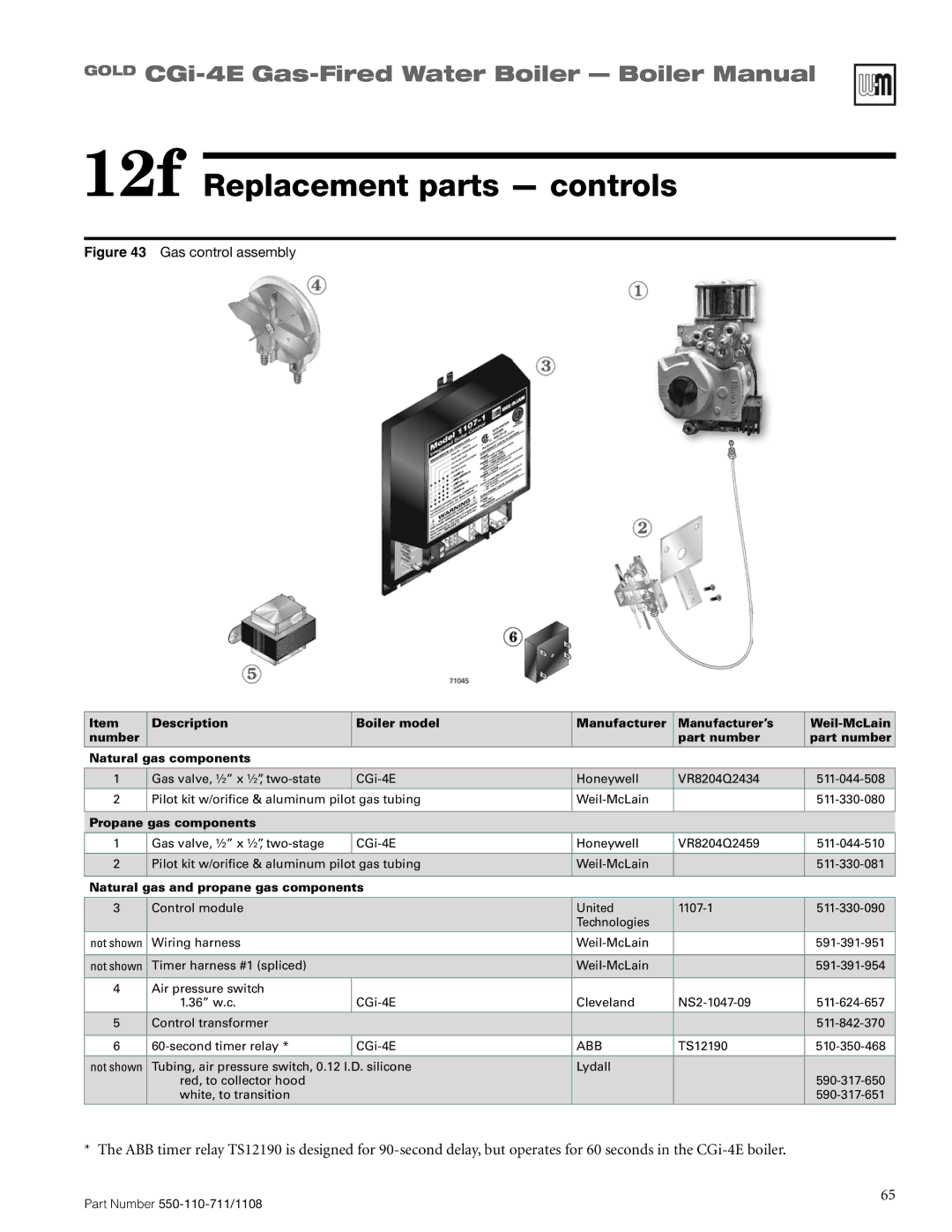 Weil-McLain CGI-4E manual 12f Replacement parts controls, Propane gas components 