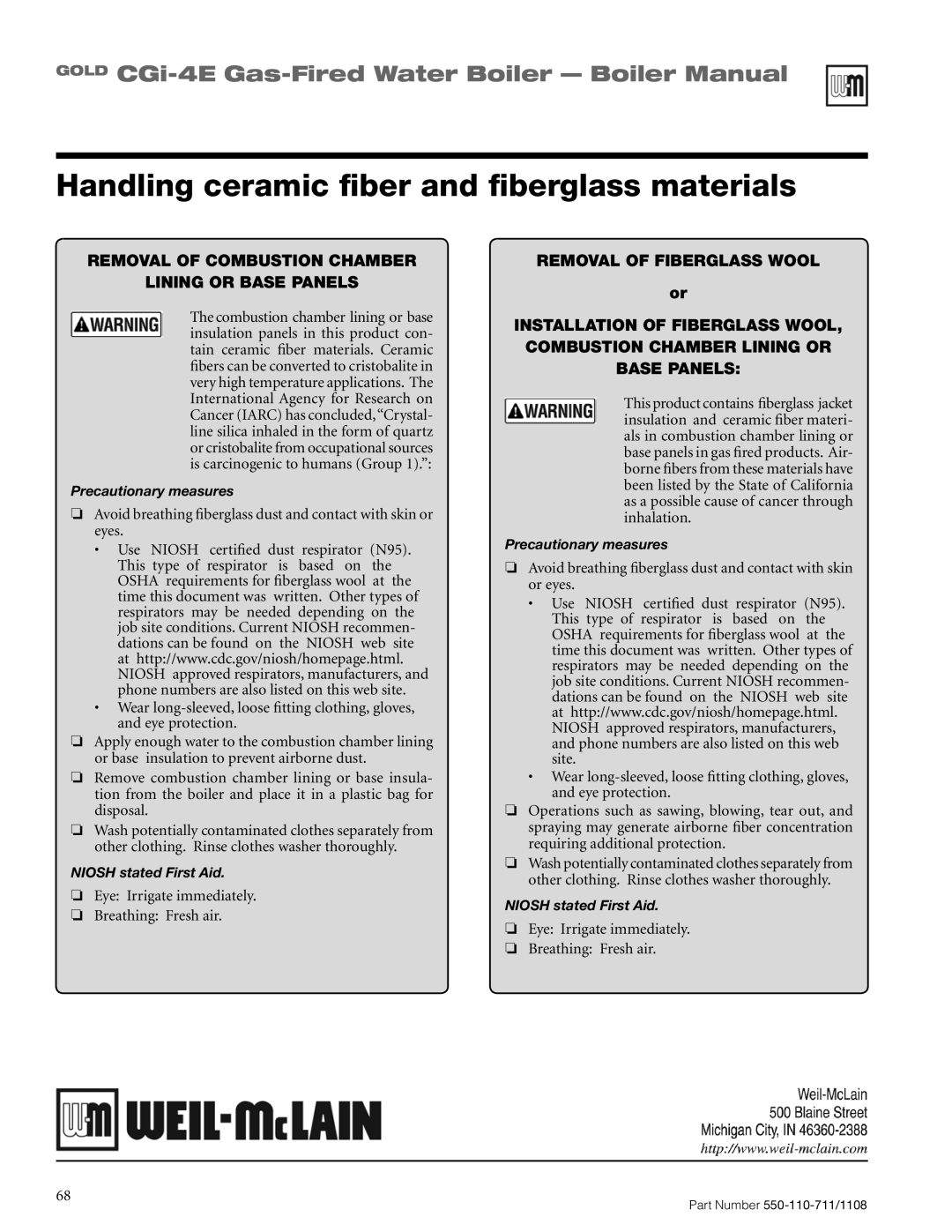 Weil-McLain CGI-4E manual Handling ceramic fiber and fiberglass materials, Use Niosh certified dust respirator N95 