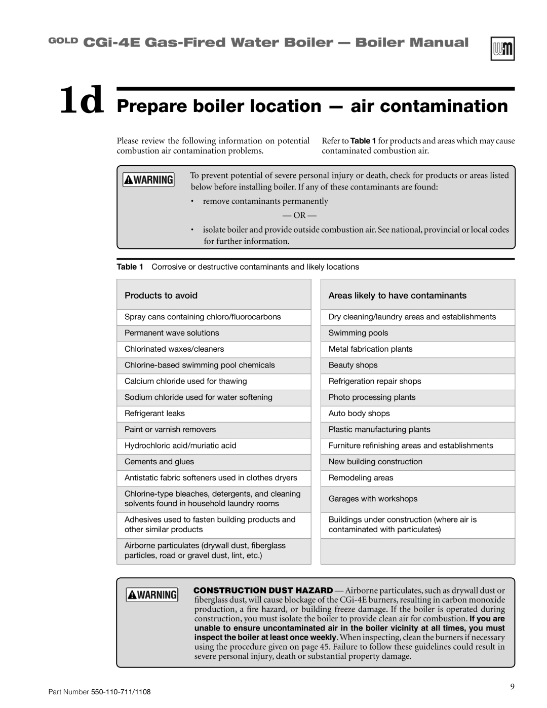 Weil-McLain CGI-4E manual 1d Prepare boiler location air contamination, Remove contaminants permanently, Products to avoid 