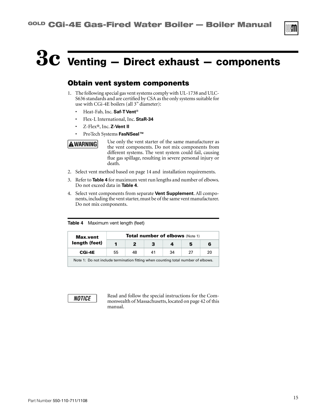 Weil-McLain CGI-4E manual 3c Venting - Direct exhaust - components, GOLD CGi-4E Gas-FiredWater Boiler - Boiler Manual 