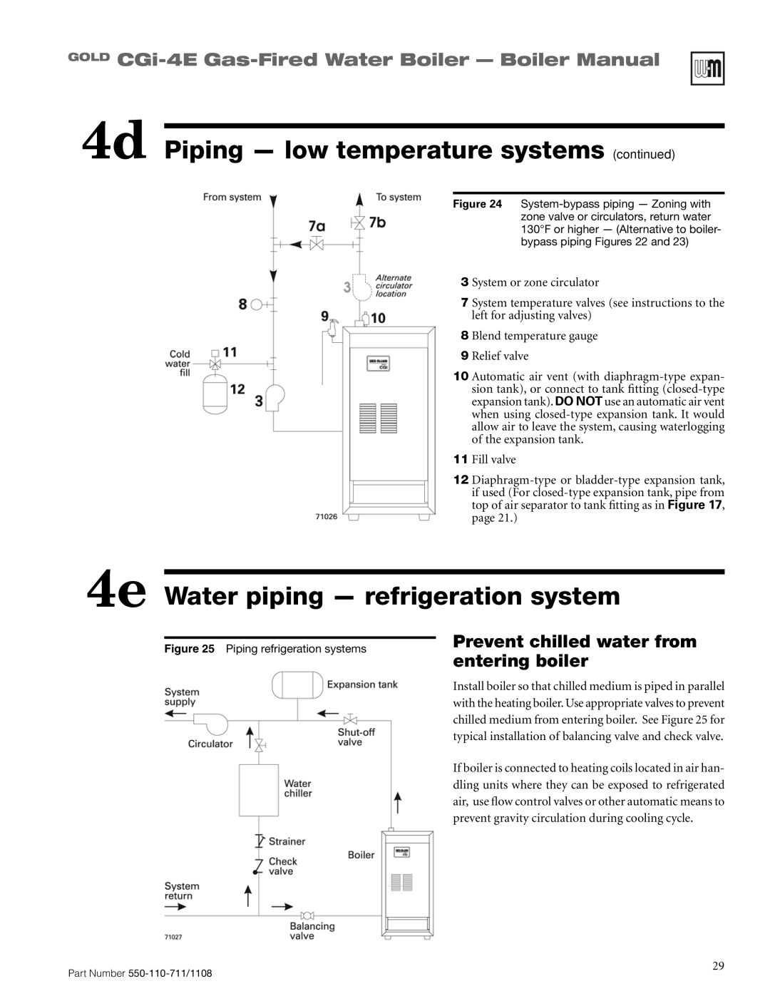 Weil-McLain CGI-4E manual 4e Water piping - refrigeration system, 4d Piping - low temperature systems continued 