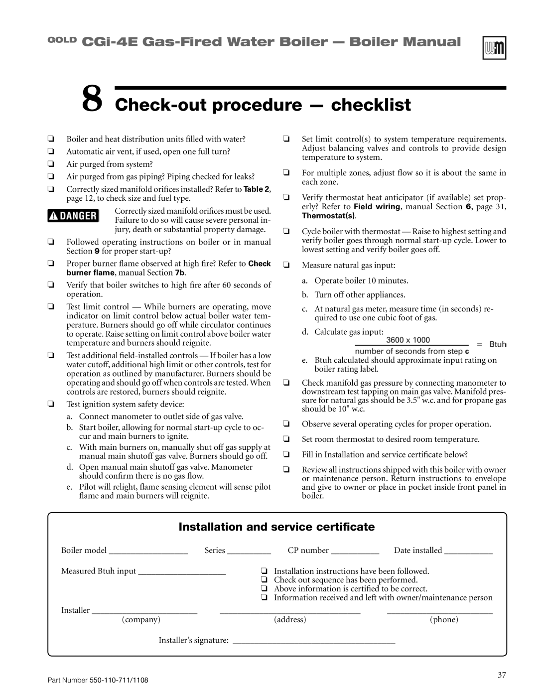 Weil-McLain CGI-4E manual Check-outprocedure - checklist, GOLD CGi-4E Gas-FiredWater Boiler - Boiler Manual 
