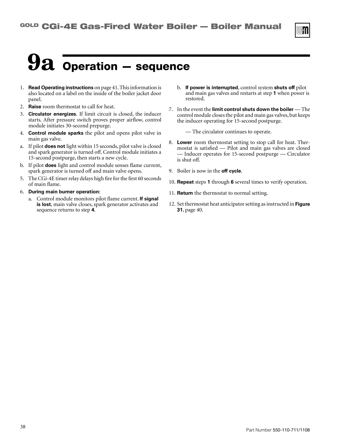 Weil-McLain CGI-4E manual 9a Operation - sequence, GOLD CGi-4E Gas-FiredWater Boiler - Boiler Manual 