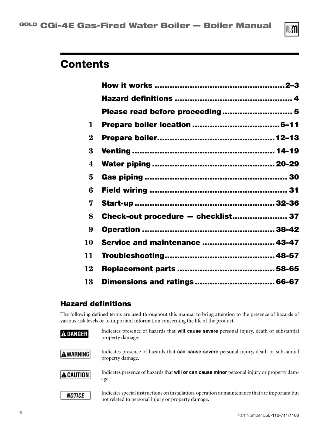 Weil-McLain CGI-4E manual Contents, GOLD CGi-4E Gas-FiredWater Boiler - Boiler Manual 