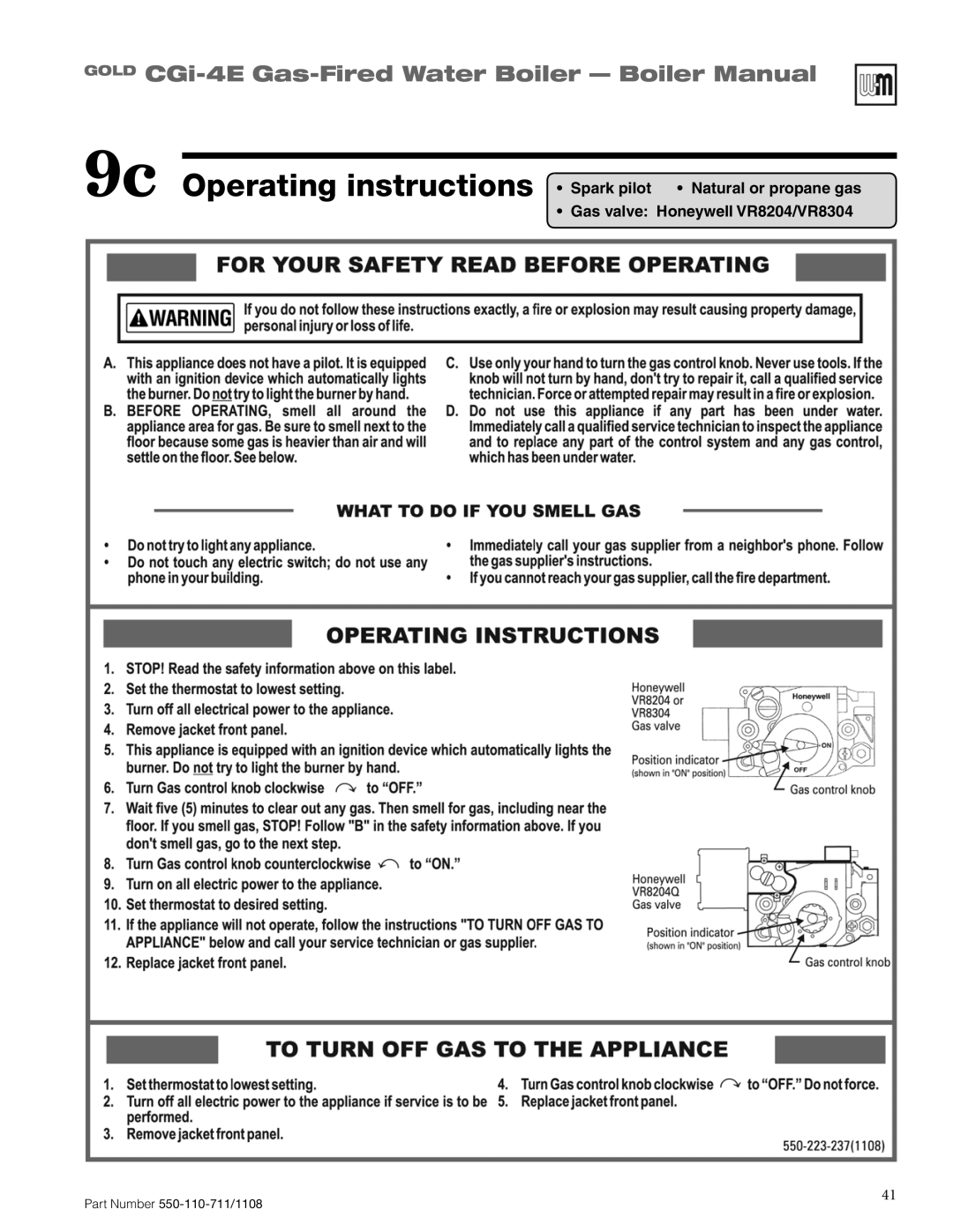 Weil-McLain CGI-4E Operating instructions, GOLD CGi-4E Gas-FiredWater Boiler - Boiler Manual, Part Number 550-110-711/1108 