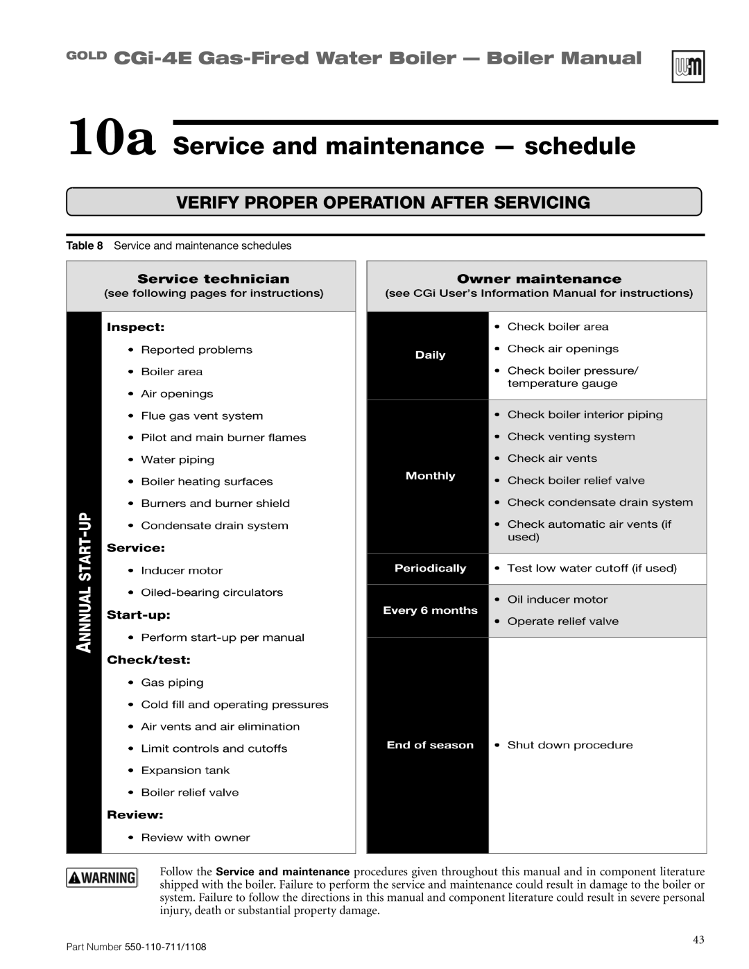 Weil-McLain CGI-4E manual 10a Service and maintenance - schedule, GOLD CGi-4E Gas-FiredWater Boiler - Boiler Manual 