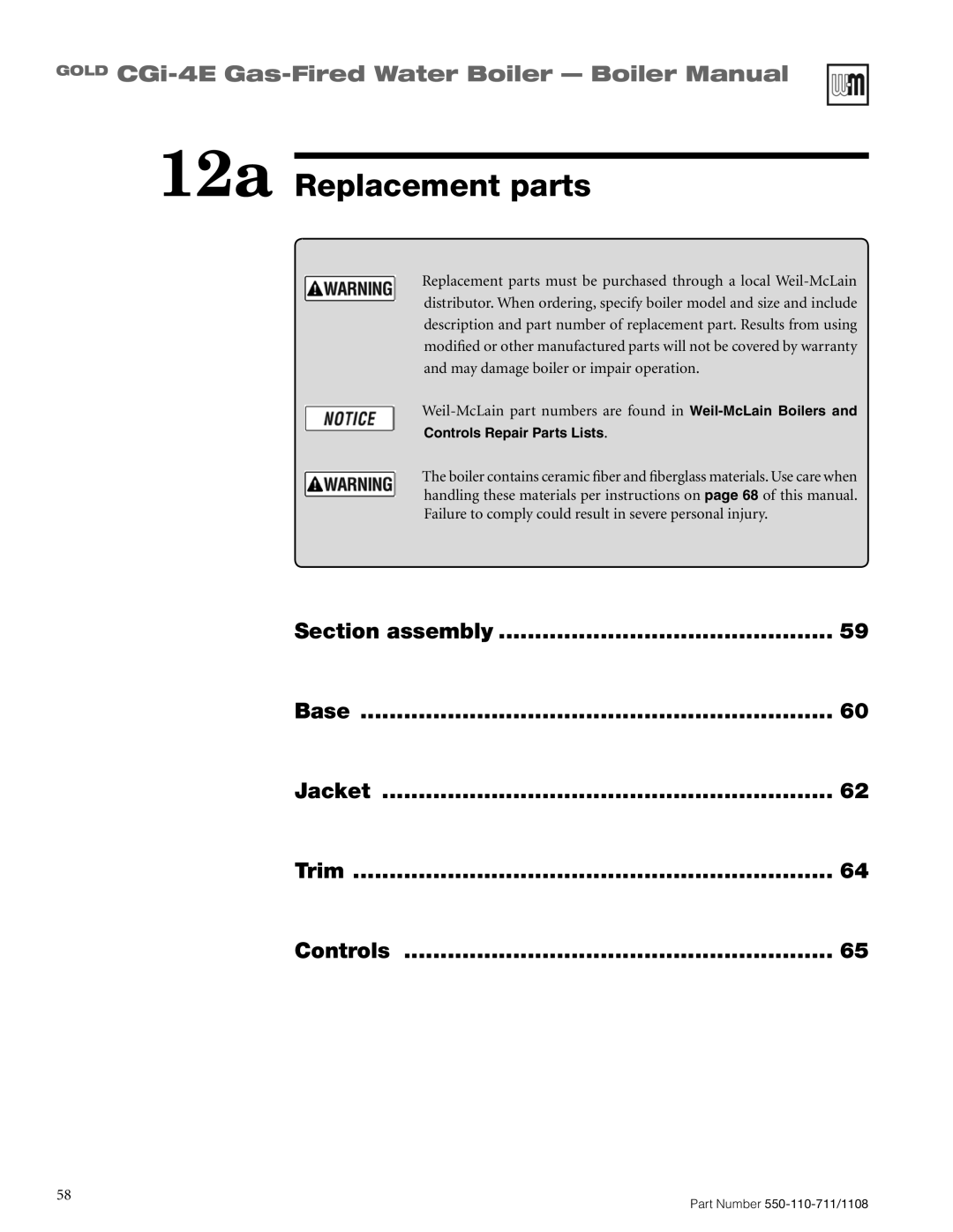 Weil-McLain CGI-4E manual 12a Replacement parts, GOLD CGi-4E Gas-FiredWater Boiler - Boiler Manual 