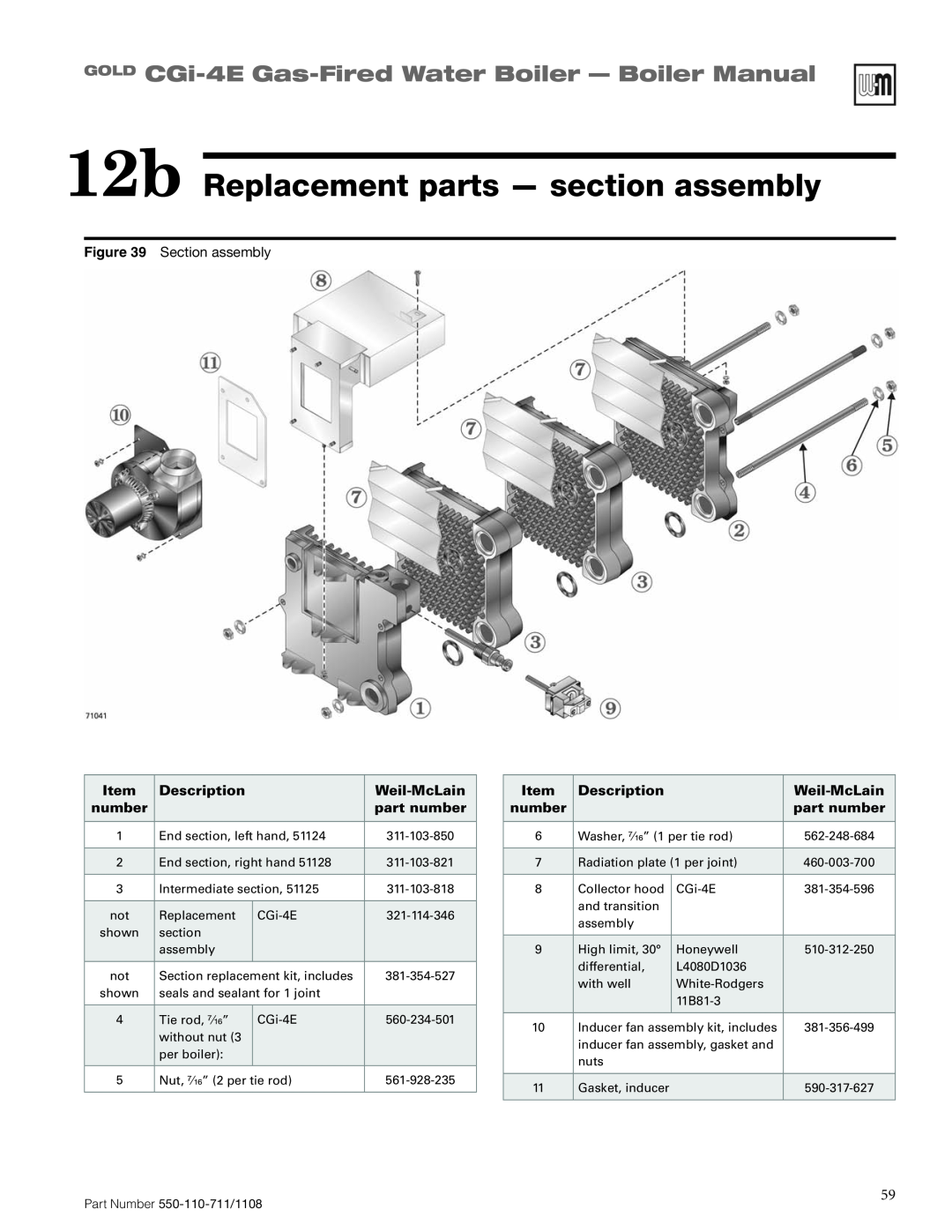 Weil-McLain CGI-4E manual 12b Replacement parts - section assembly, GOLD CGi-4E Gas-FiredWater Boiler - Boiler Manual 