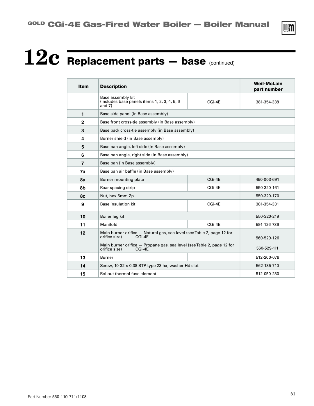 Weil-McLain CGI-4E manual 12c Replacement parts - base continued, GOLD CGi-4E Gas-FiredWater Boiler - Boiler Manual 