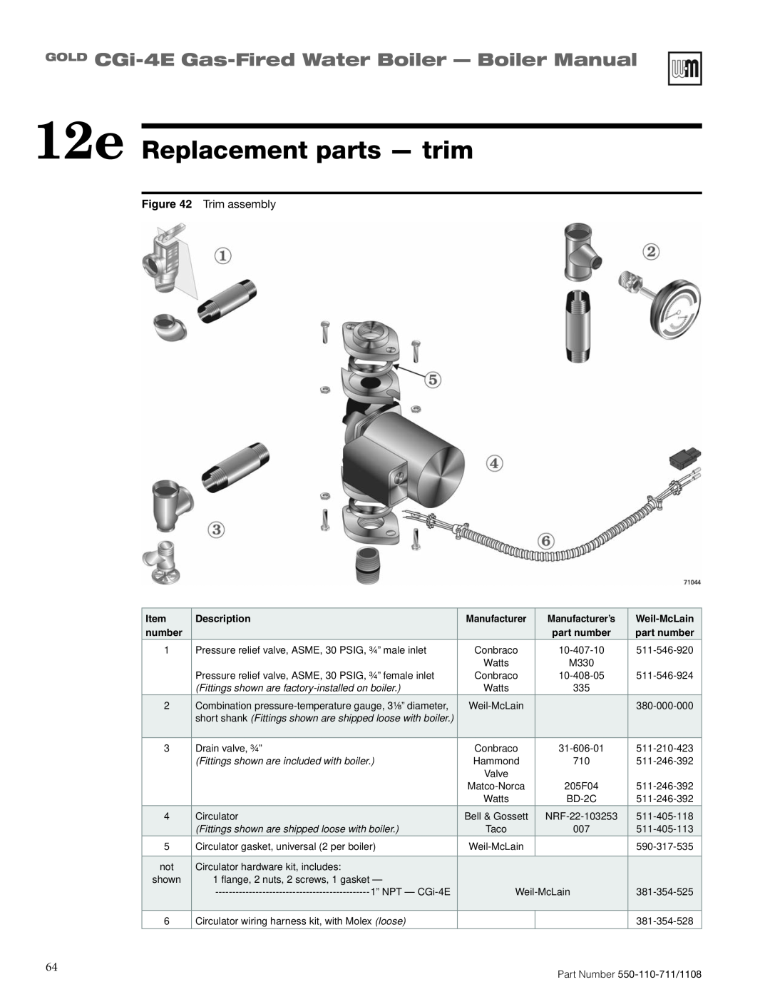 Weil-McLain CGI-4E 12e Replacement parts - trim, GOLD CGi-4E Gas-FiredWater Boiler - Boiler Manual, Description, number 