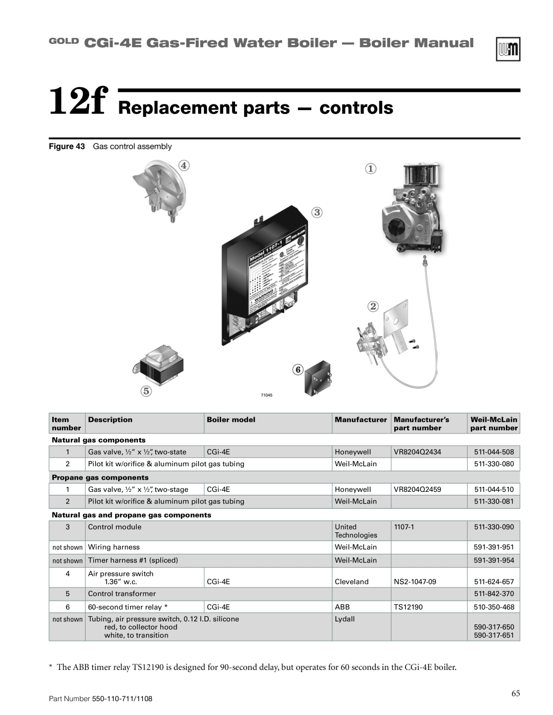 Weil-McLain CGI-4E manual 12f Replacement parts - controls, GOLD CGi-4E Gas-FiredWater Boiler - Boiler Manual, Item number 