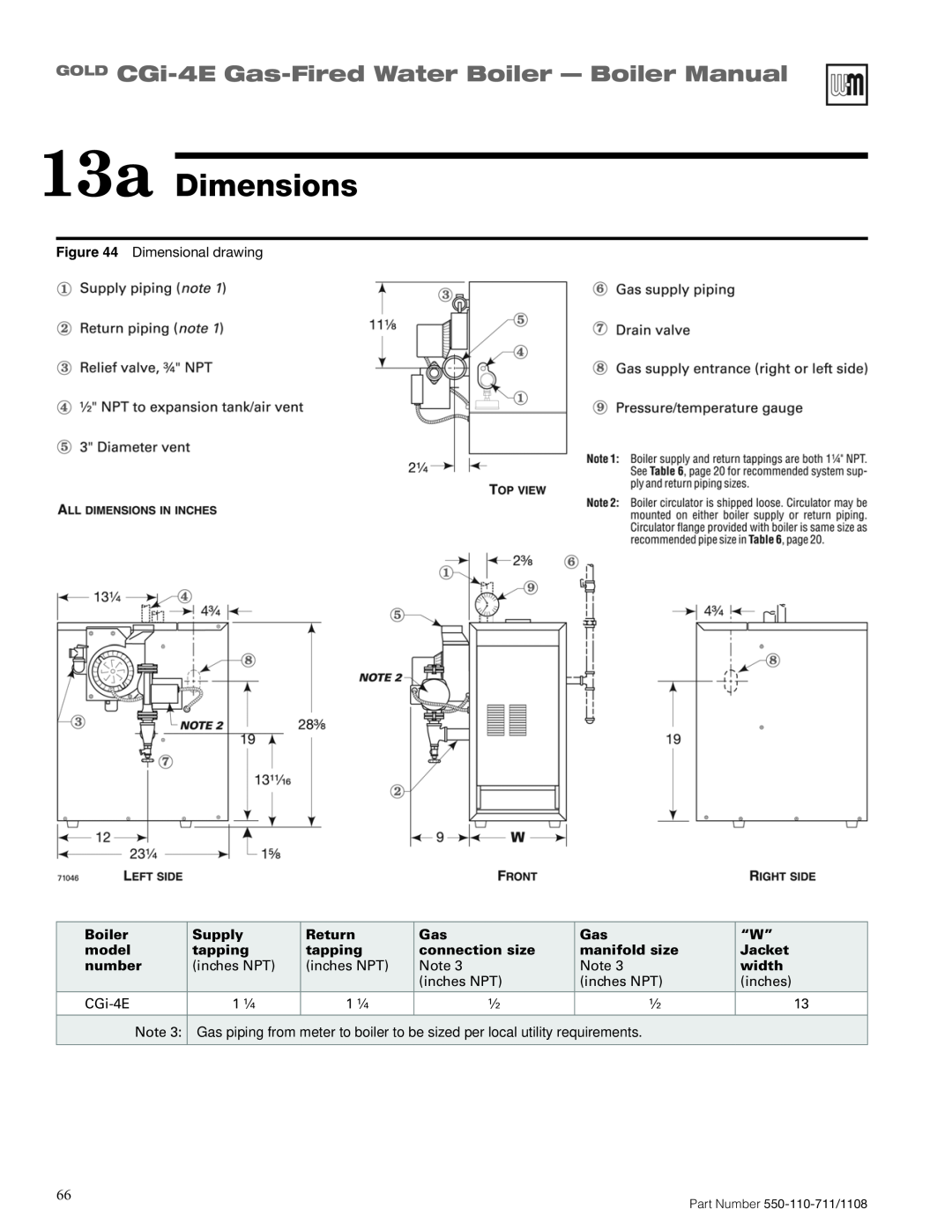 Weil-McLain CGI-4E manual 13a Dimensions, GOLD CGi-4E Gas-FiredWater Boiler - Boiler Manual 