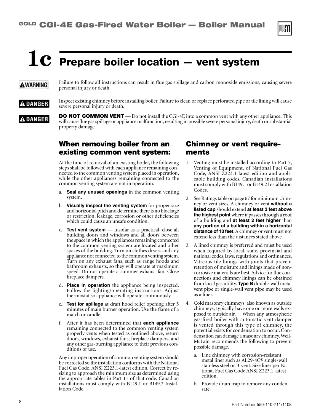 Weil-McLain CGI-4E manual 1c Prepare boiler location - vent system, GOLD CGi-4E Gas-FiredWater Boiler - Boiler Manual 