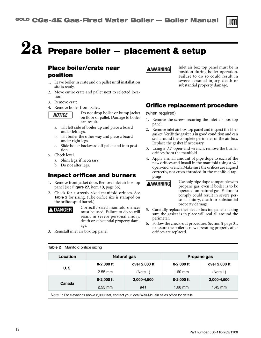 Weil-McLain CGS-4E 2a Prepare boiler placement & setup, Place boiler/crate near position, Inspect orifices and burners 