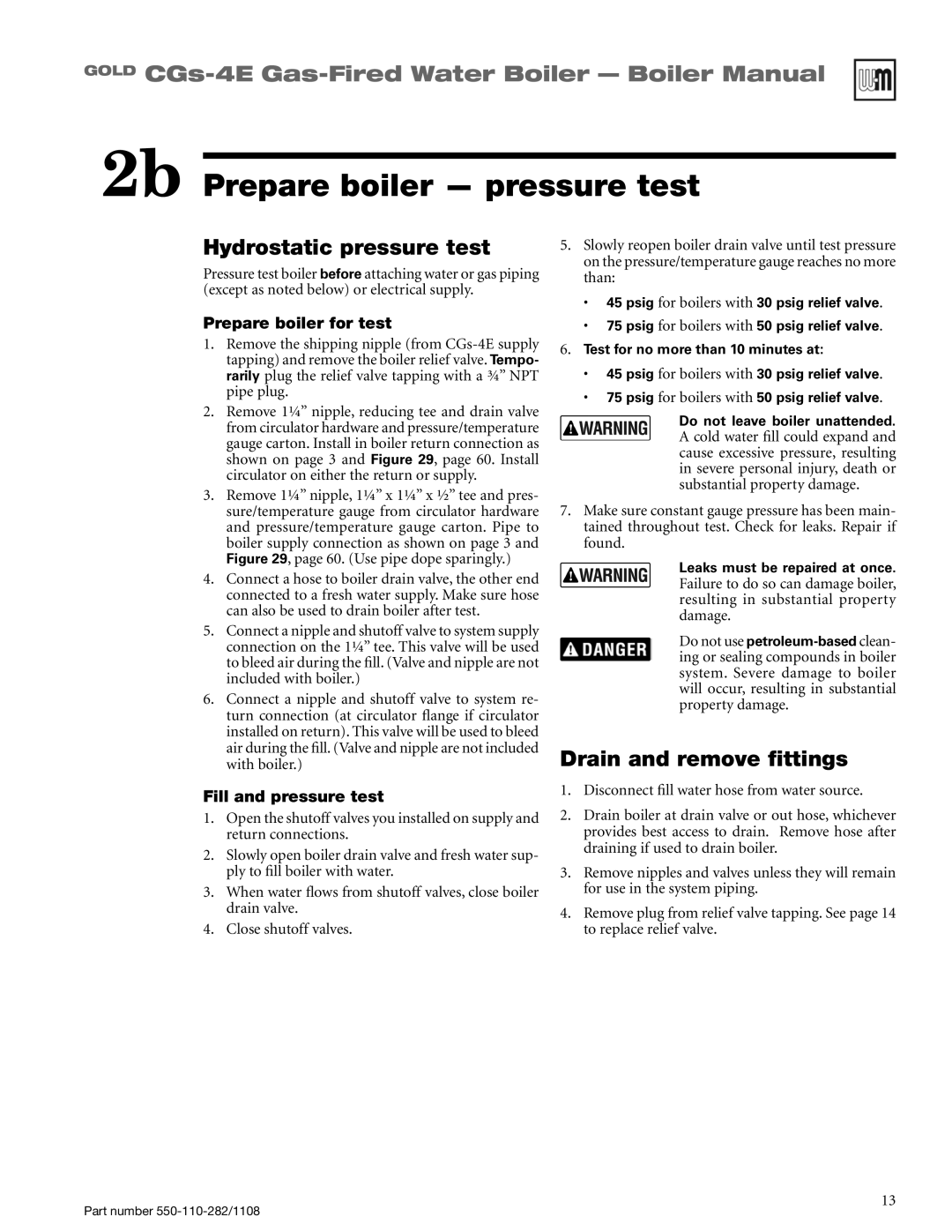 Weil-McLain CGS-4E manual 2b Prepare boiler pressure test, Hydrostatic pressure test, Drain and remove fittings 