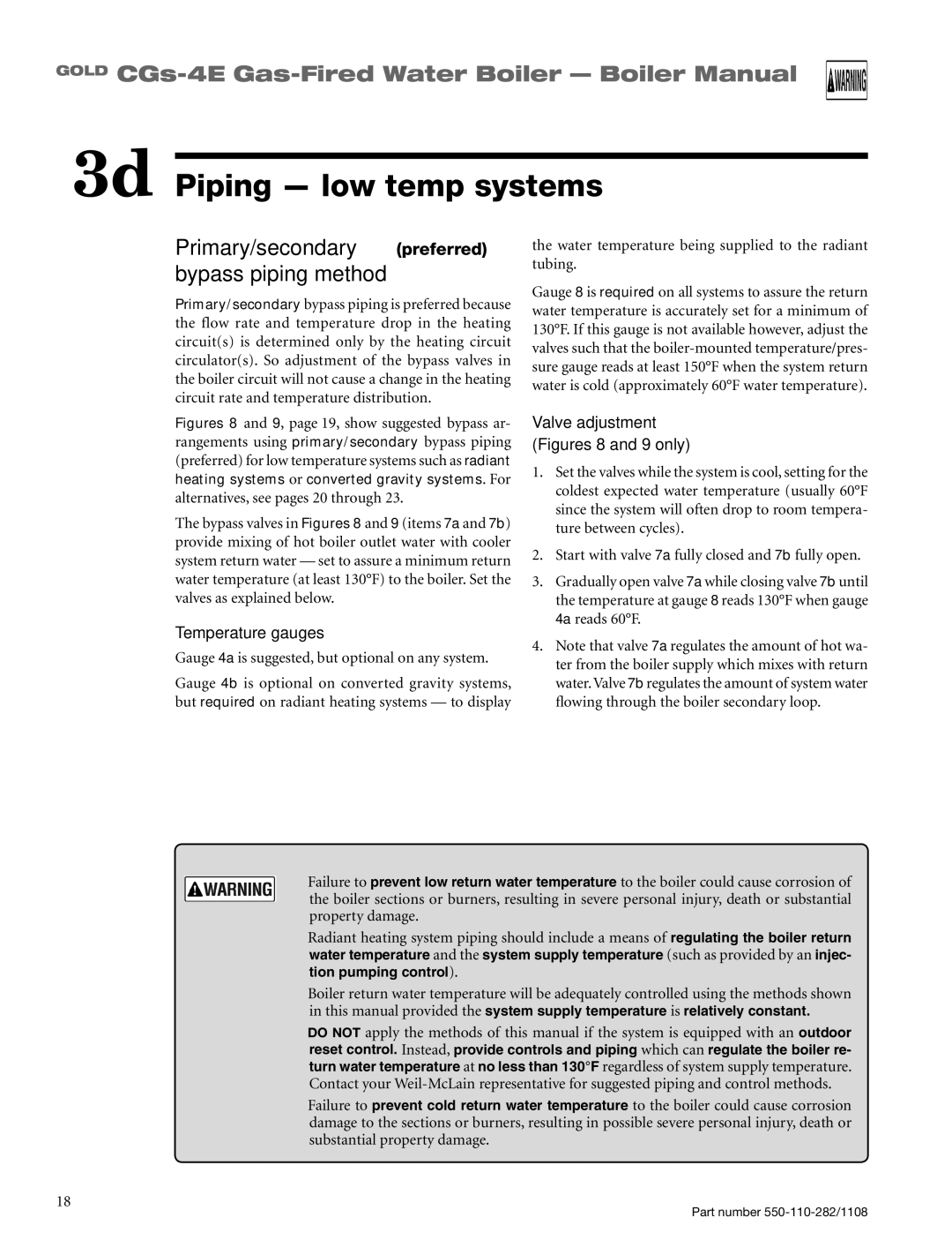 Weil-McLain CGS-4E manual 3d Piping low temp systems, Primary/secondary preferred bypass piping method, Temperature gauges 