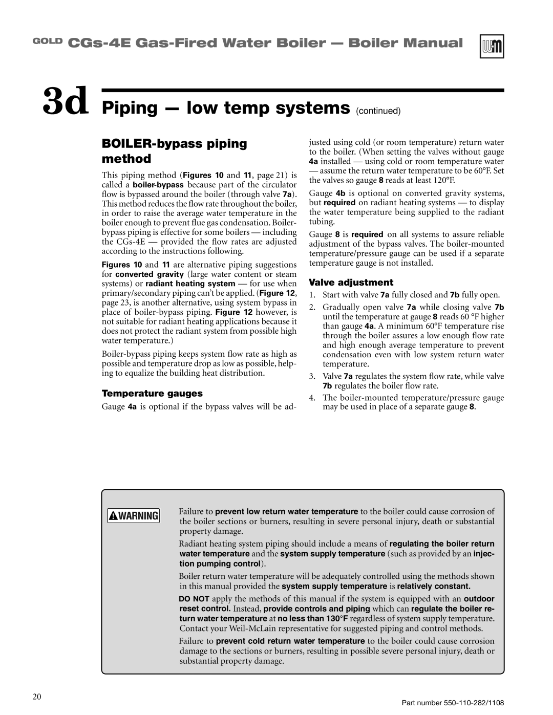 Weil-McLain CGS-4E manual BOILER-bypass piping method, Valve adjustment 