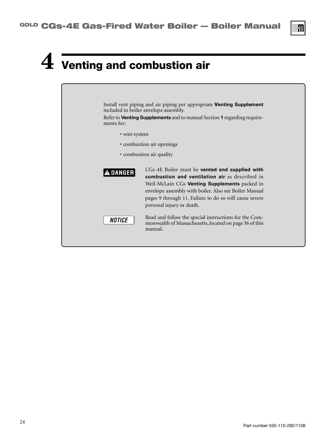 Weil-McLain CGS-4E manual Venting and combustion air, Vent system, Combustion air openings Combustion air quality 