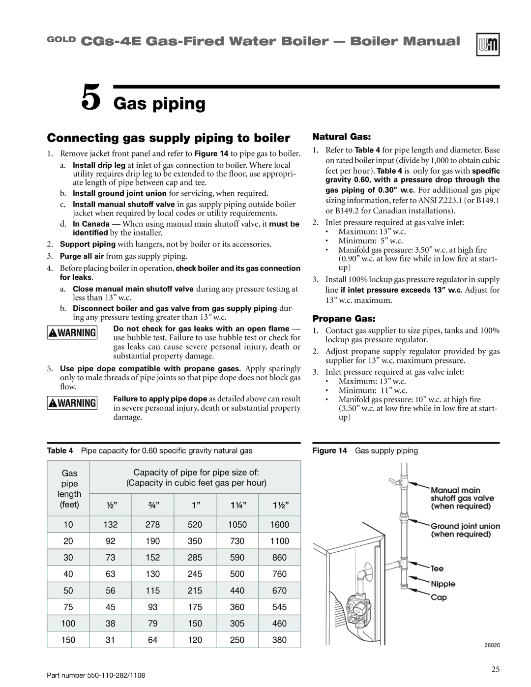 Weil-McLain CGS-4E manual Gas piping, Connecting gas supply piping to boiler, Natural Gas, Propane Gas 