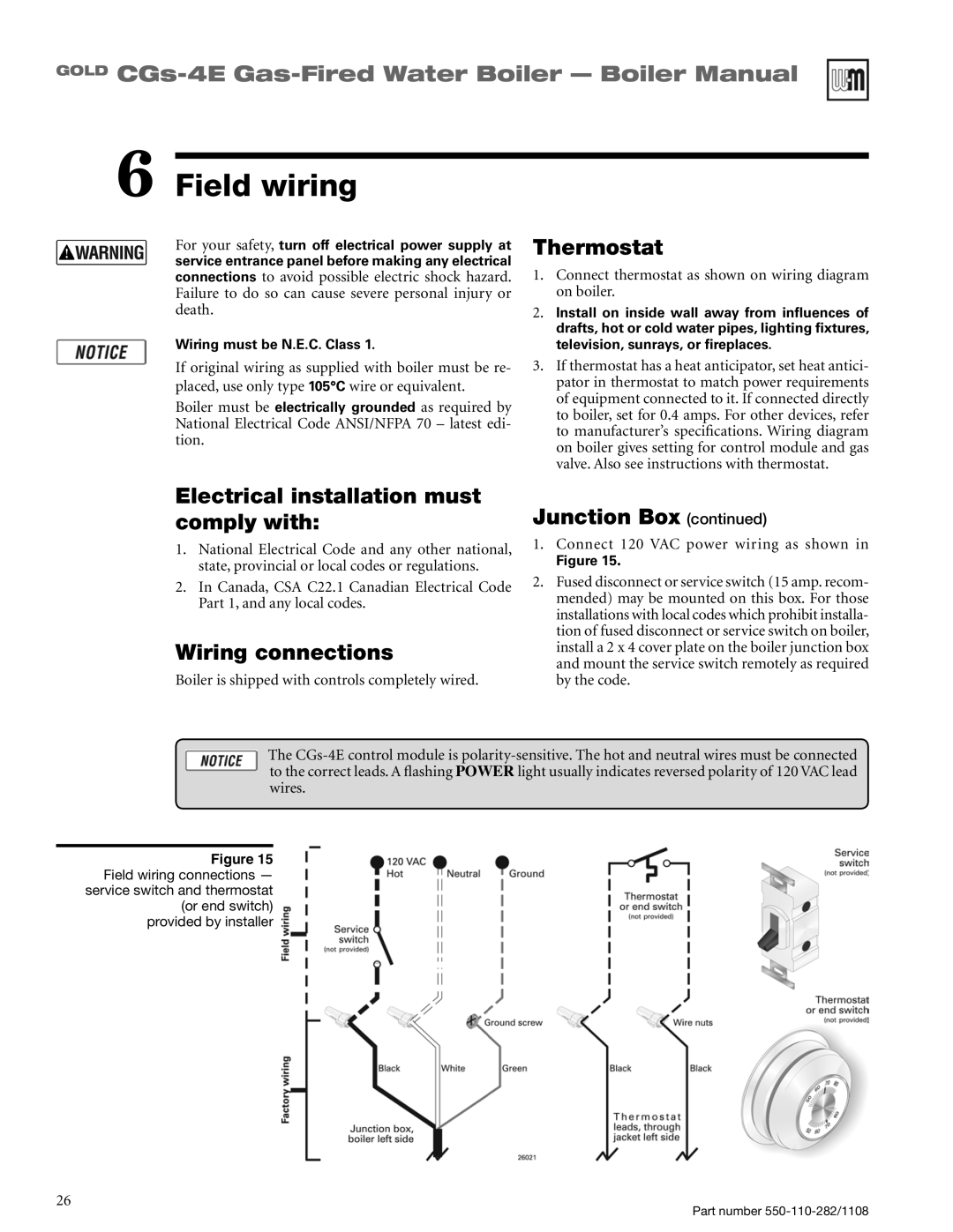 Weil-McLain CGS-4E Field wiring, Thermostat, Electrical installation must comply with, Wiring connections, Junction Box 