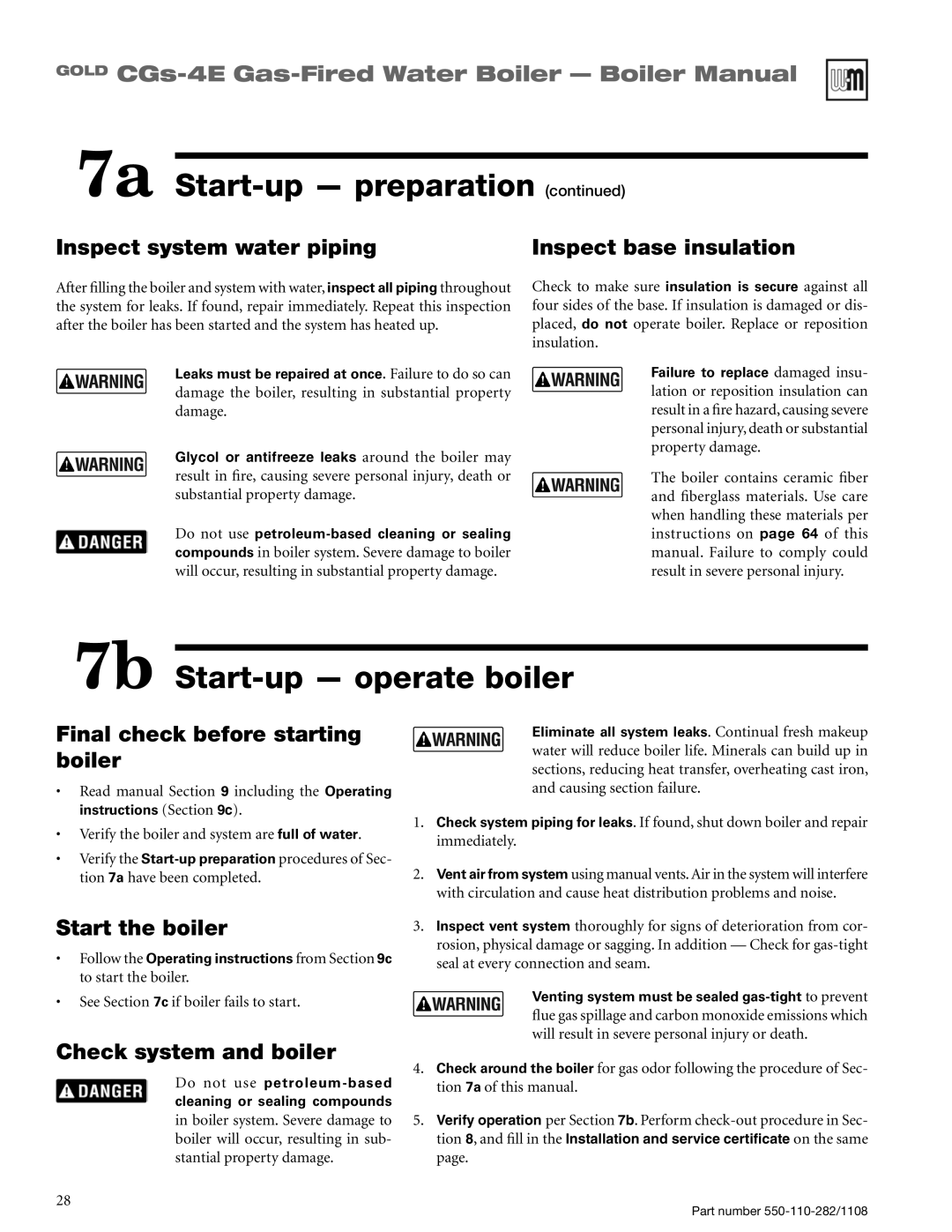 Weil-McLain CGS-4E manual 7b Start-up operate boiler, Inspect system water piping Inspect base insulation, Start the boiler 