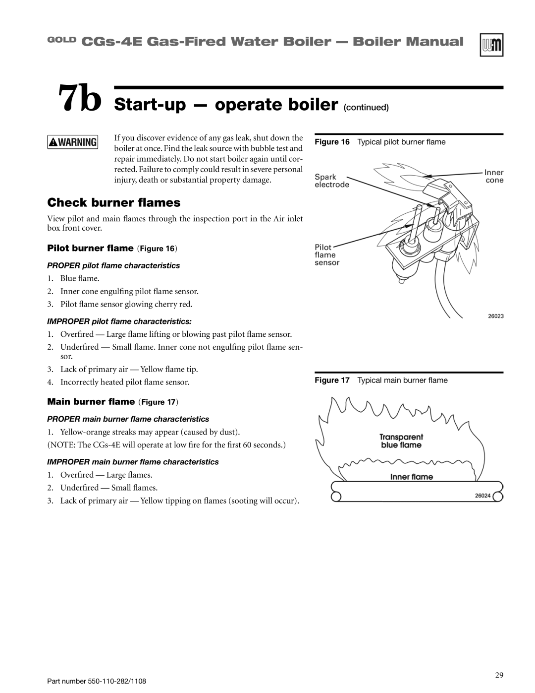 Weil-McLain CGS-4E manual Check burner flames, Pilot burner flame Figure, Main burner flame Figure 